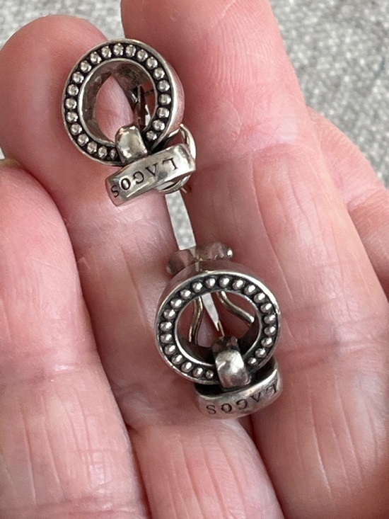 LAGOS Jewelry - Sterling silver Caviar beaded circle earrings with a bar that details the LAGOS